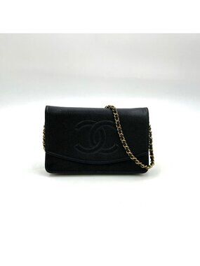 Chanel CC Logo Wallet Caviar Leather Black Chain Shoulder Bag Gold